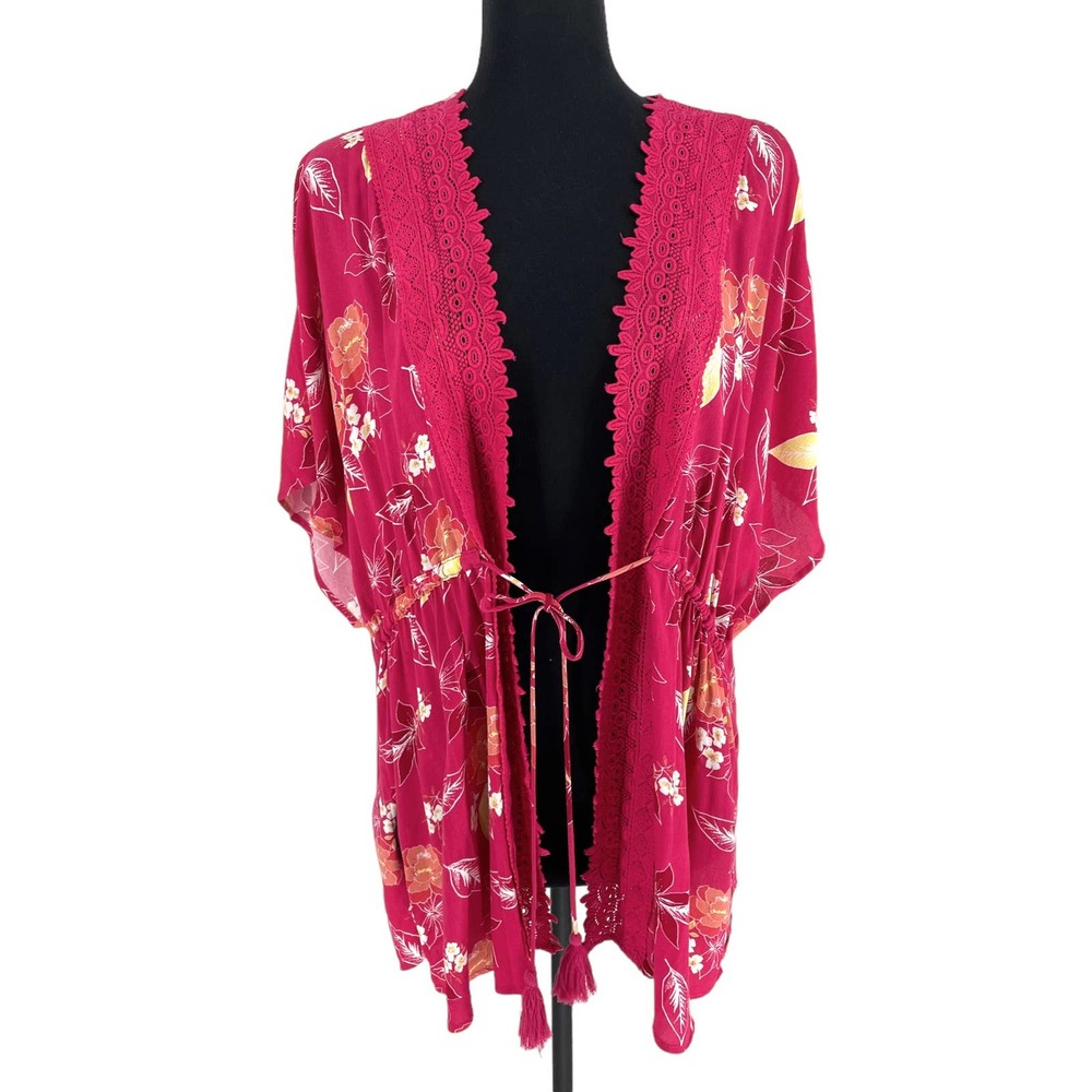 Skies Are Blue Hot Pink Floral Lace Trim Tie Front Short Sleeve Kimono Size S